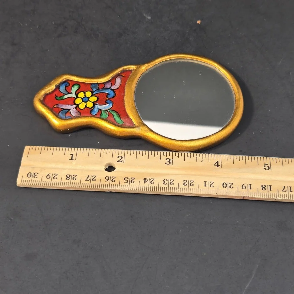 Vintage Peruvian Folk Art Hand Mirror Wood Painted Floral Gold Gilt Cusco Style
